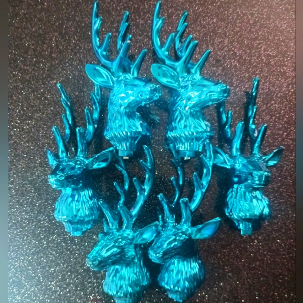 Metallic Blue Reindeer Head Ornaments Set of 6.